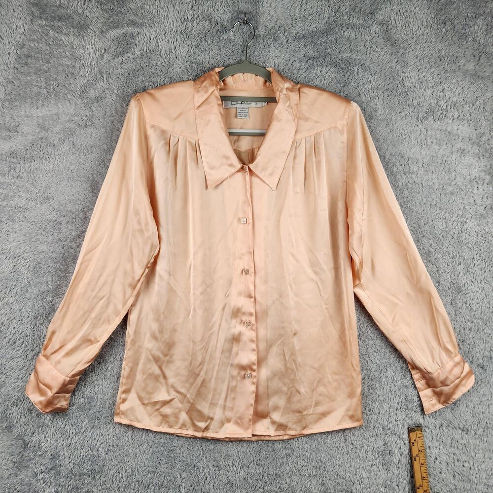 True Vintage Chaus Blouse Womens 8 Pink Satin Rhinestone Button Collared 80s Top